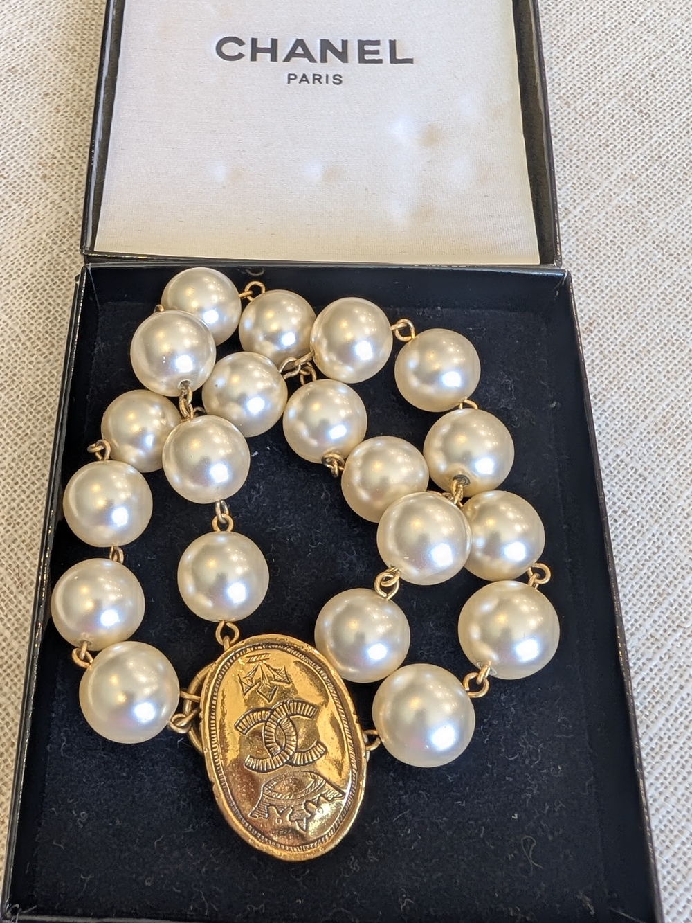 Chanel Vintage Coco Crown Double Strand Pearl Bracelet